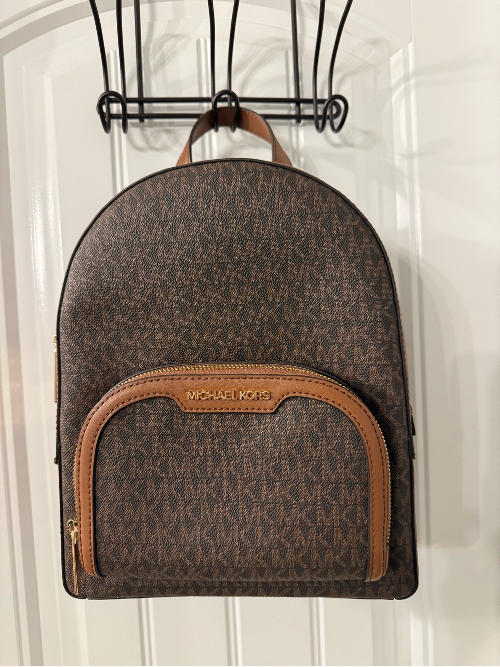 Michael Kors Brown Monogram Backpack with Tan Trim